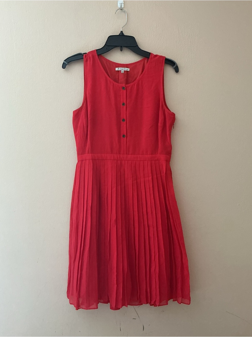 Red 100% Silk Sleeveless Midi Dress with Pleated Skirt